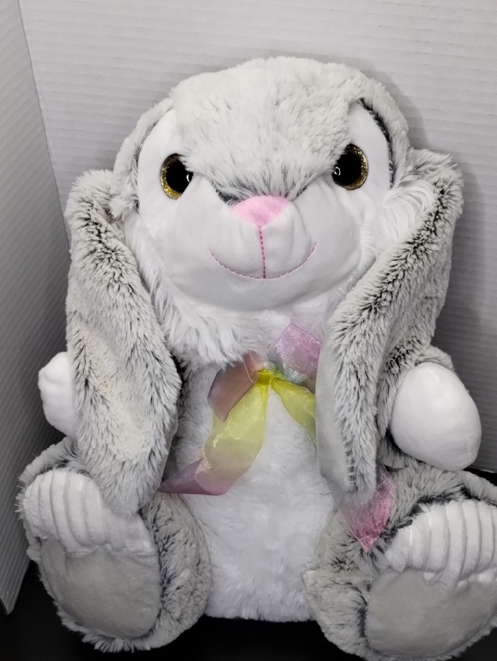 Medium Plush Gray and White Bunny with Pink Accents and Pastel Ribbon